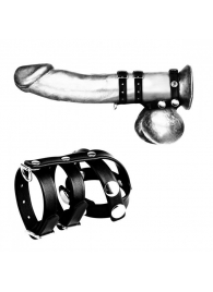 Комбинированное двойное кольцо с разделителем для мошонки и поводком - BlueLine - купить с доставкой в Краснодаре