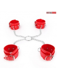 Комплект красных наручников и оков на металлических креплениях с кольцом - Notabu - купить с доставкой в Краснодаре