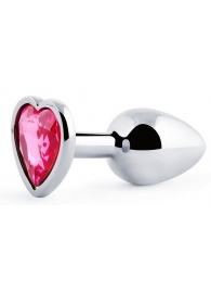 Серебристая анальная пробка с розовым кристаллом-сердечком - 7 см. - Anal Jewelry Plug - купить с доставкой в Краснодаре