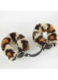 Черные кожаные наручники со съемной леопардовой опушкой - Sitabella - купить с доставкой в Краснодаре