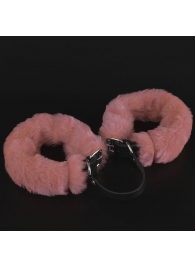 Черные кожаные оковы со съемной розовой опушкой - Sitabella - купить с доставкой в Краснодаре
