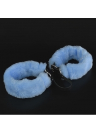 Черные кожаные оковы со съемной голубой опушкой - Sitabella - купить с доставкой в Краснодаре