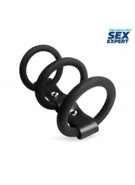 Черное тройное эрекционное кольцо с ремешком - Sex Expert - в Краснодаре купить с доставкой