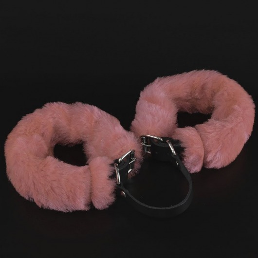 Черные кожаные оковы со съемной розовой опушкой - Sitabella - купить с доставкой в Краснодаре