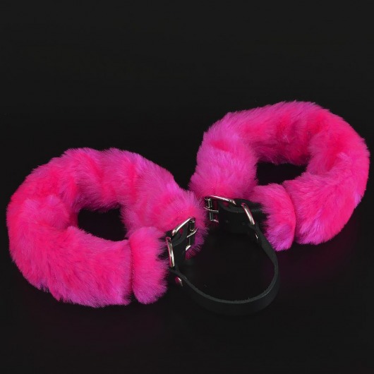 Черные кожаные оковы со съемной ярко-розовой опушкой - Sitabella - купить с доставкой в Краснодаре