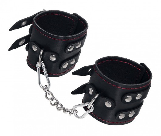 Черные кожаные наручники с двумя ремнями и контрастной строчкой - Pecado - купить с доставкой в Краснодаре